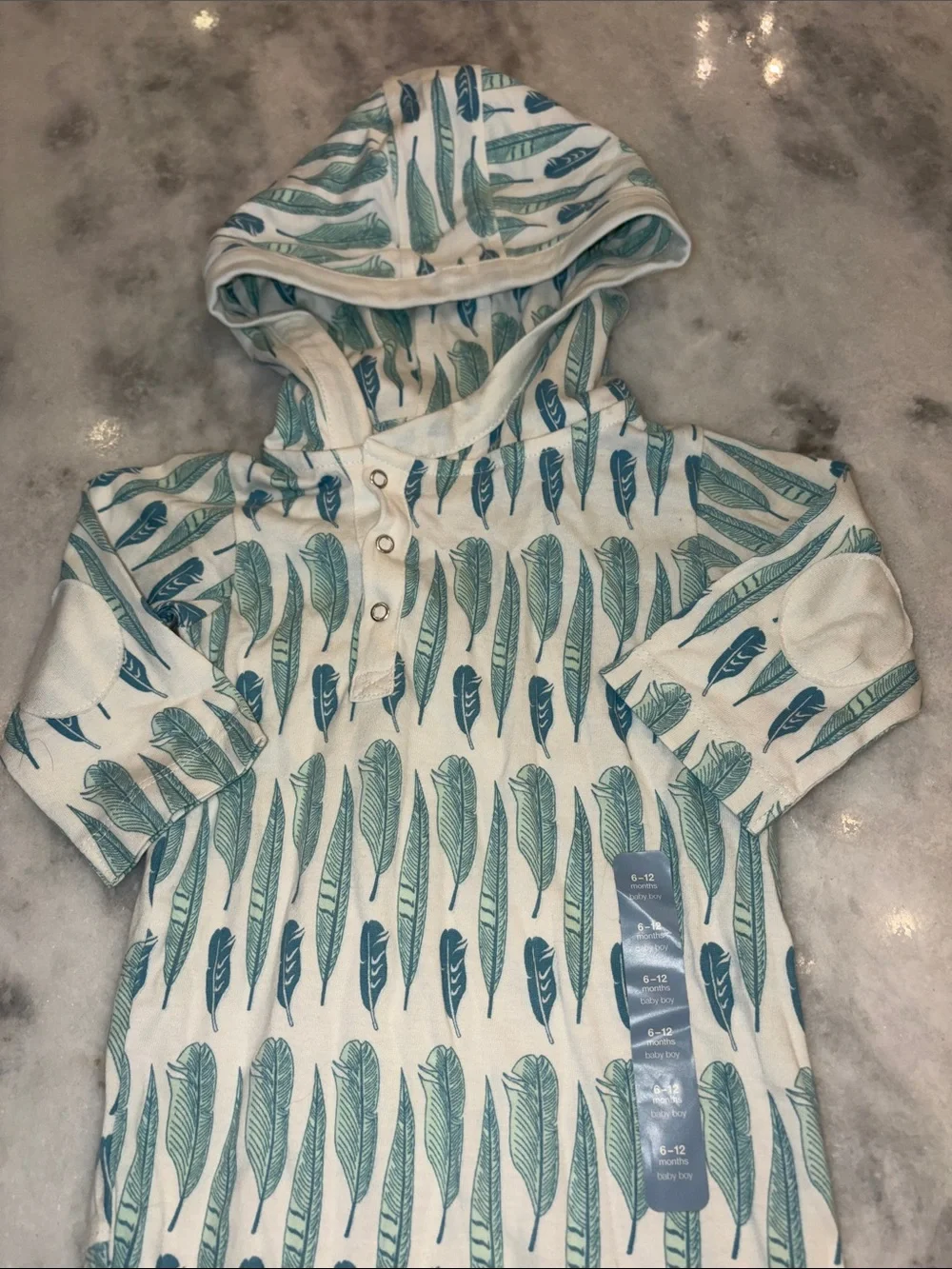 kate quinn Hooded Baby Romper in Teal and Aqua Feather Print